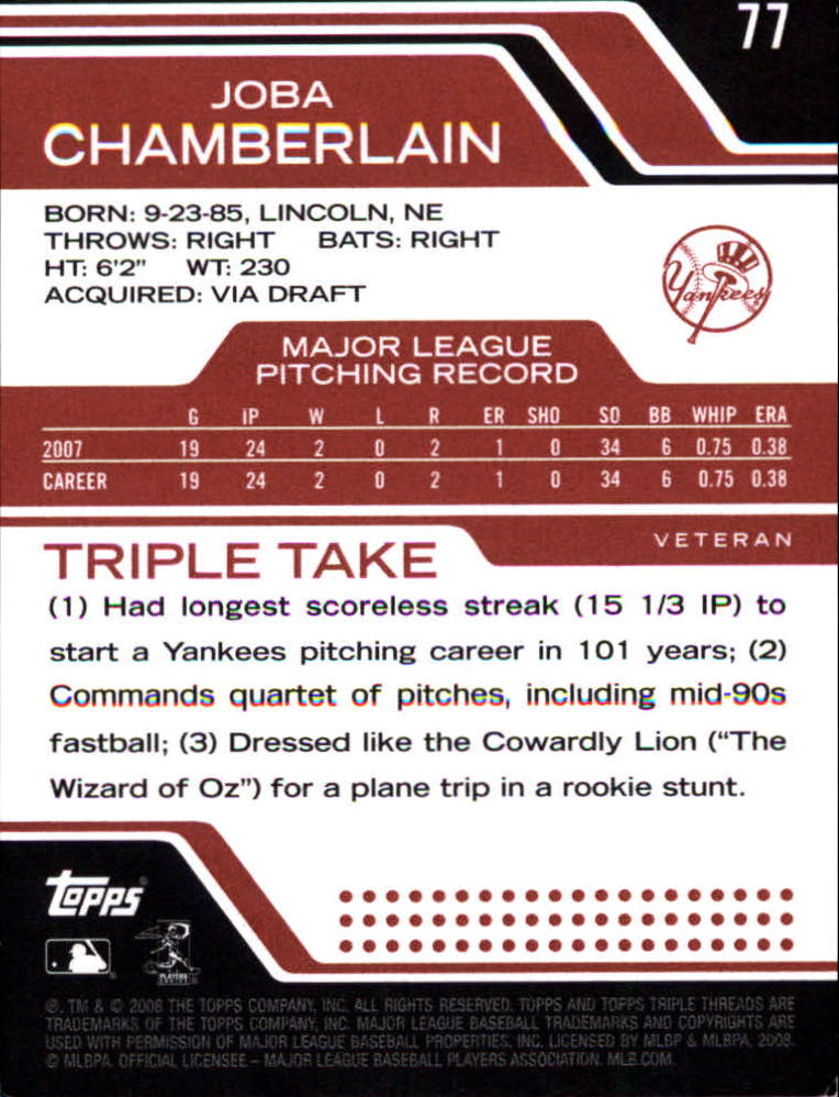 2008 Topps Triple Threads #77 Joba Chamberlain back image