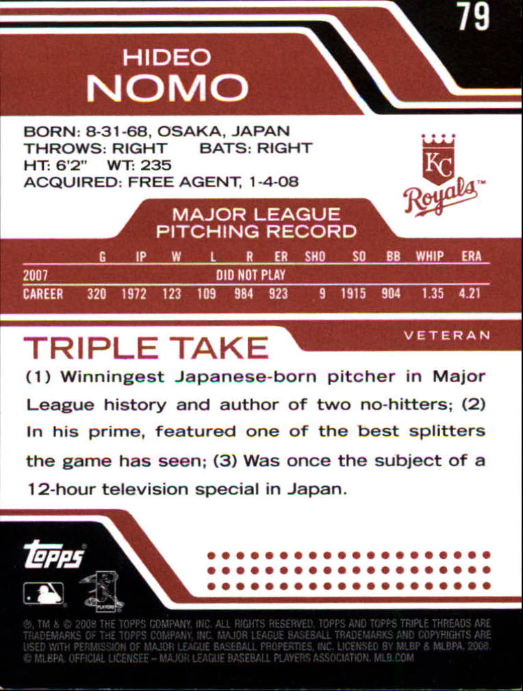 2008 Topps Triple Threads #79 Hideo Nomo back image