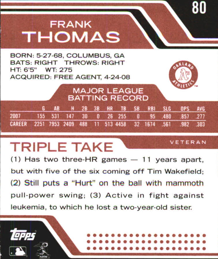 2008 Topps Triple Threads #80 Frank Thomas back image