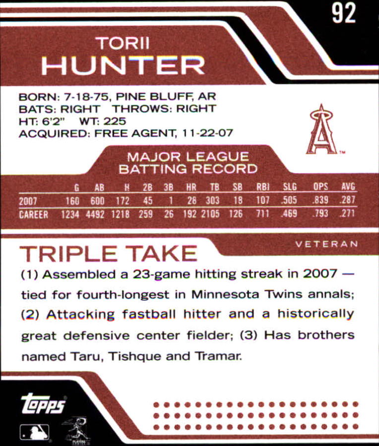 2008 Topps Triple Threads #92 Torii Hunter back image