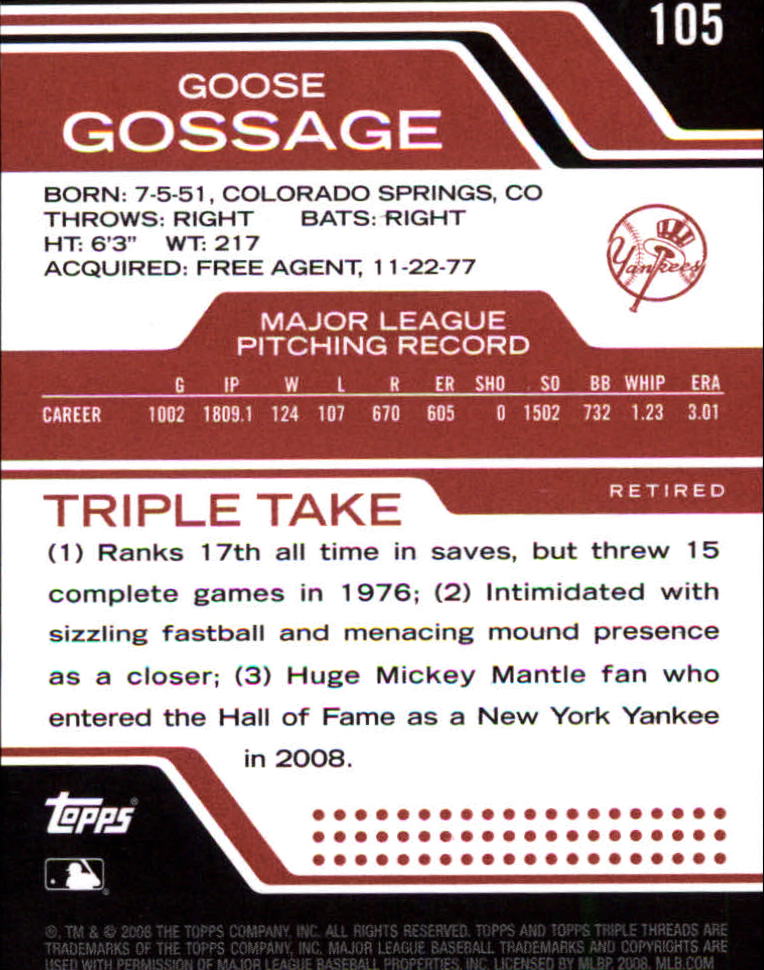 2008 Topps Triple Threads #105 Goose Gossage back image