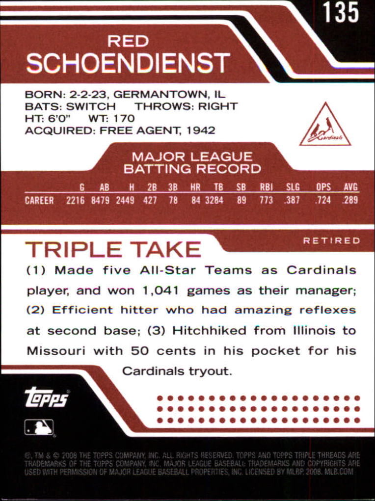 2008 Topps Triple Threads #135 Red Schoendienst back image