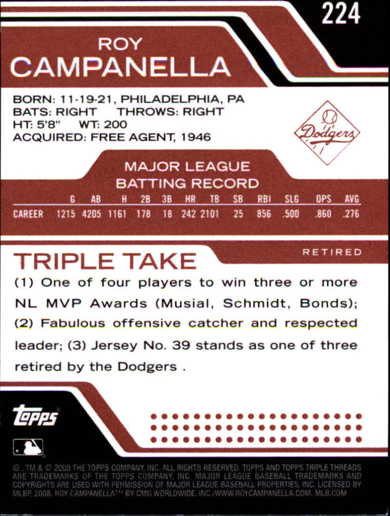 2008 Topps Triple Threads #224 Roy Campanella back image