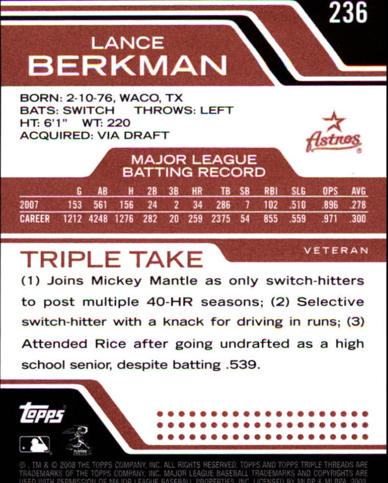 2008 Topps Triple Threads #236 Lance Berkman back image