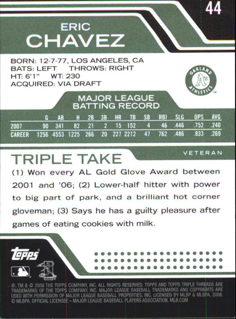 2008 Topps Triple Threads Emerald #44 Eric Chavez back image