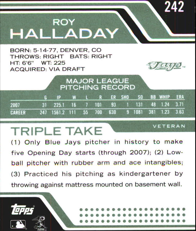 2008 Topps Triple Threads Emerald #242 Roy Halladay back image