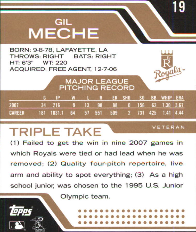 2008 Topps Triple Threads Sepia #19 Gil Meche back image