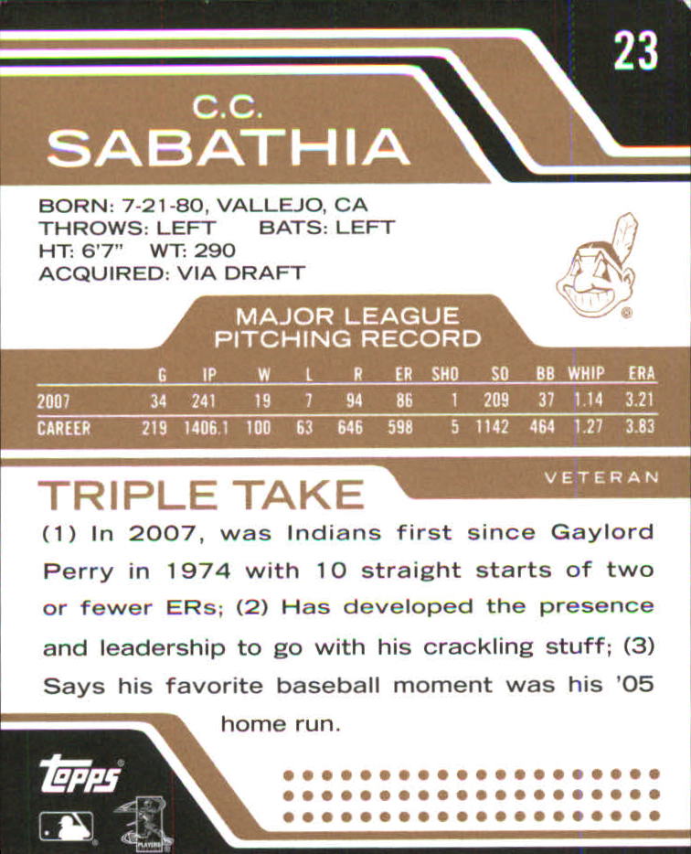 2008 Topps Triple Threads Sepia #23 C.C. Sabathia back image