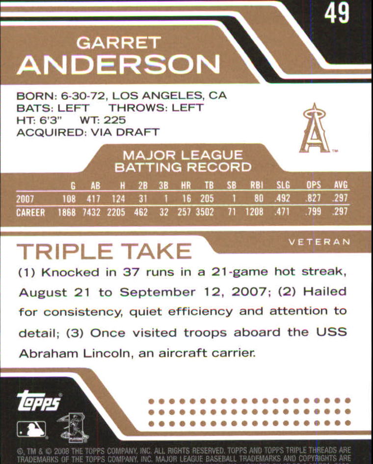 2008 Topps Triple Threads Sepia #49 Garret Anderson back image