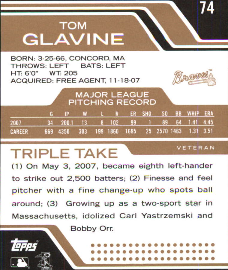 2008 Topps Triple Threads Sepia #74 Tom Glavine back image