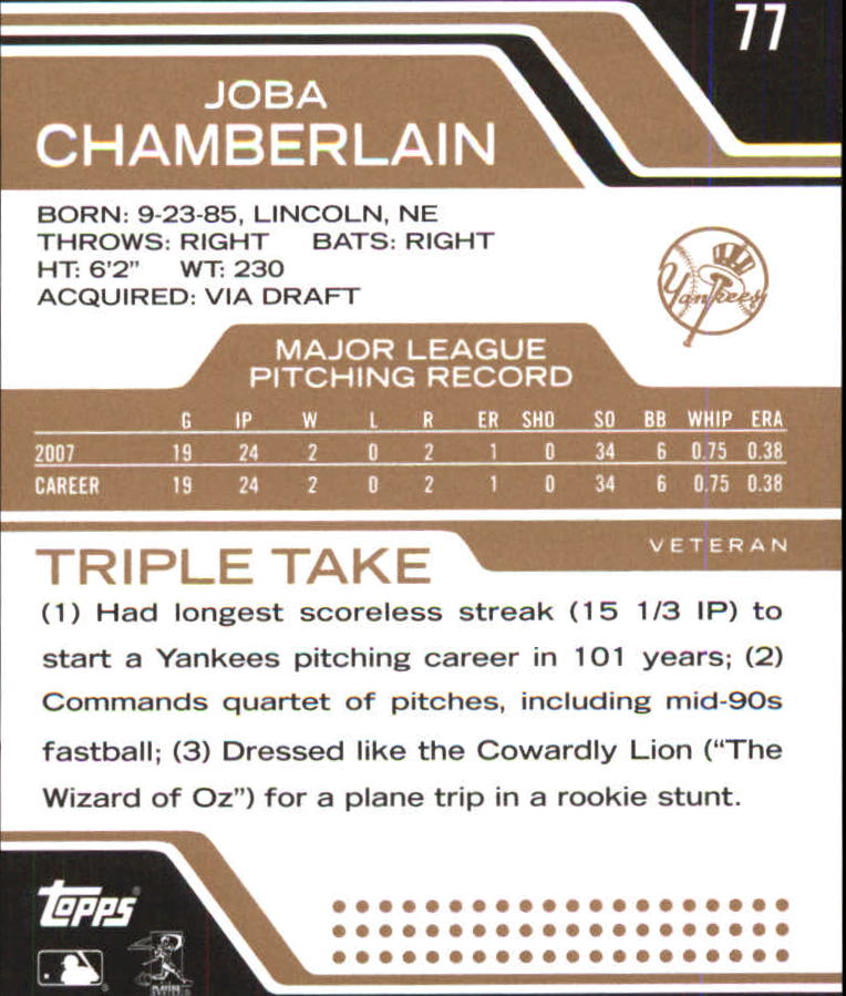 2008 Topps Triple Threads Sepia #77 Joba Chamberlain back image