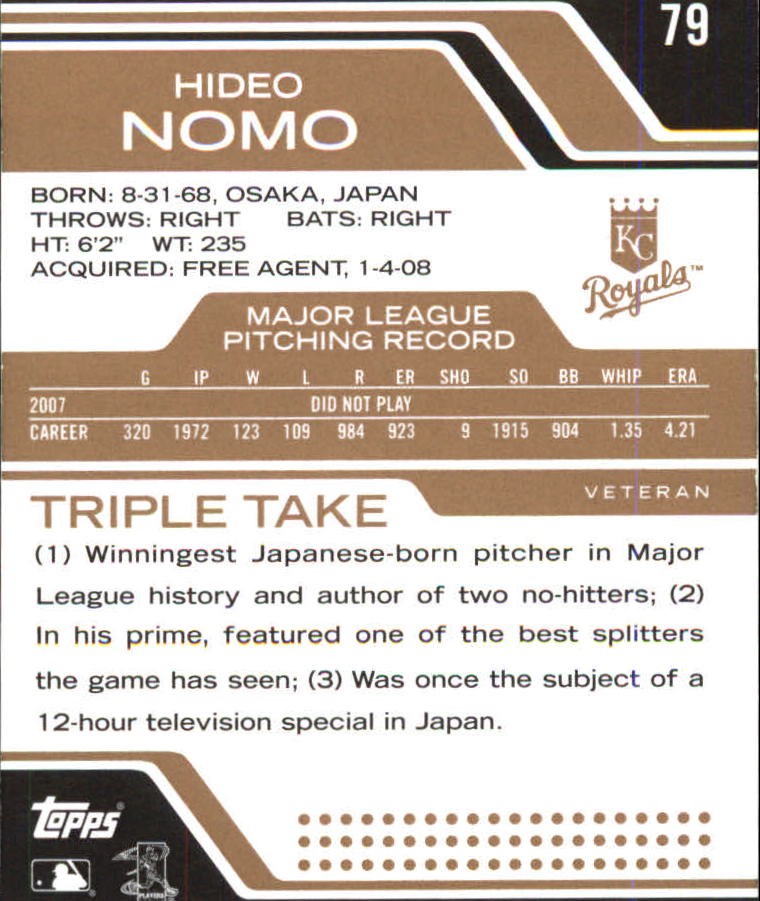 2008 Topps Triple Threads Sepia #79 Hideo Nomo back image