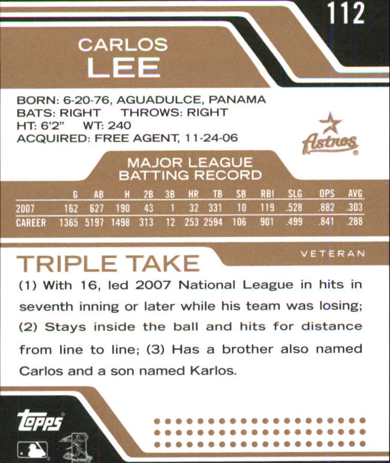 2008 Topps Triple Threads Sepia #112 Carlos Lee back image