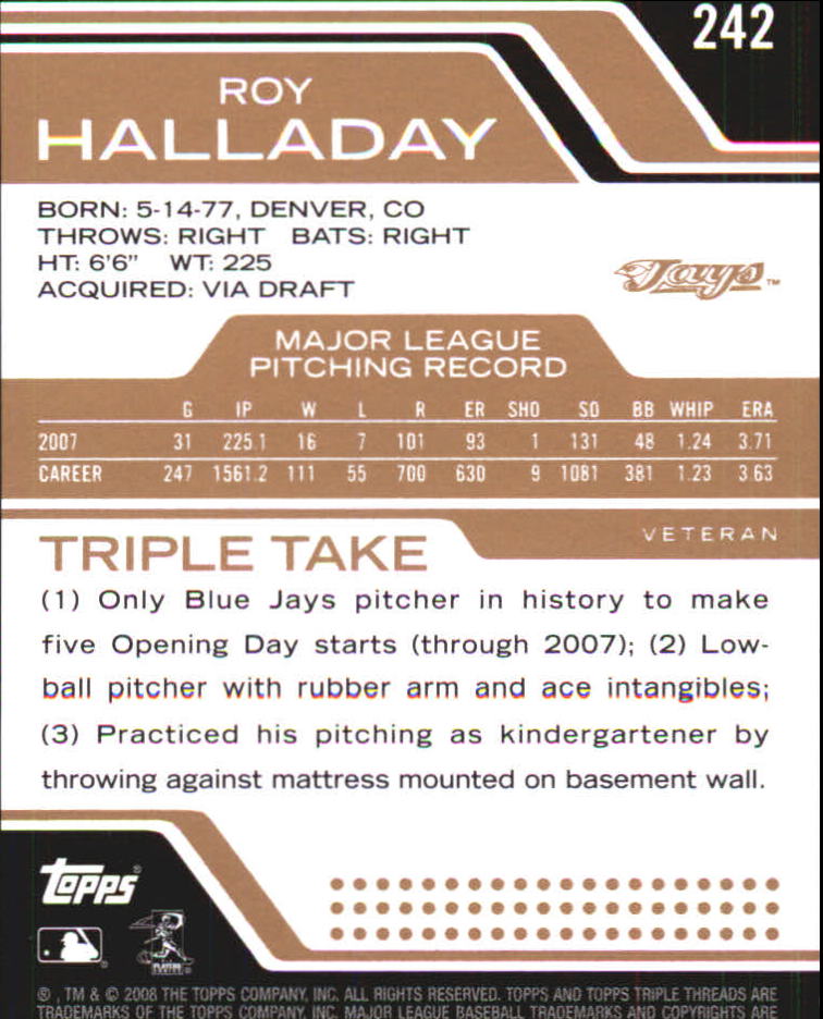 2008 Topps Triple Threads Sepia #242 Roy Halladay back image