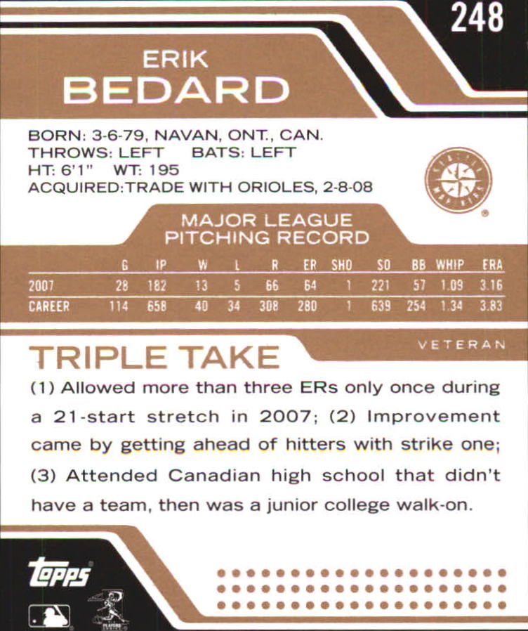 2008 Topps Triple Threads Sepia #248 Erik Bedard back image
