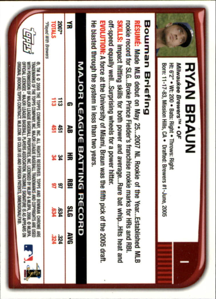2008 Bowman Chrome #1 Ryan Braun back image