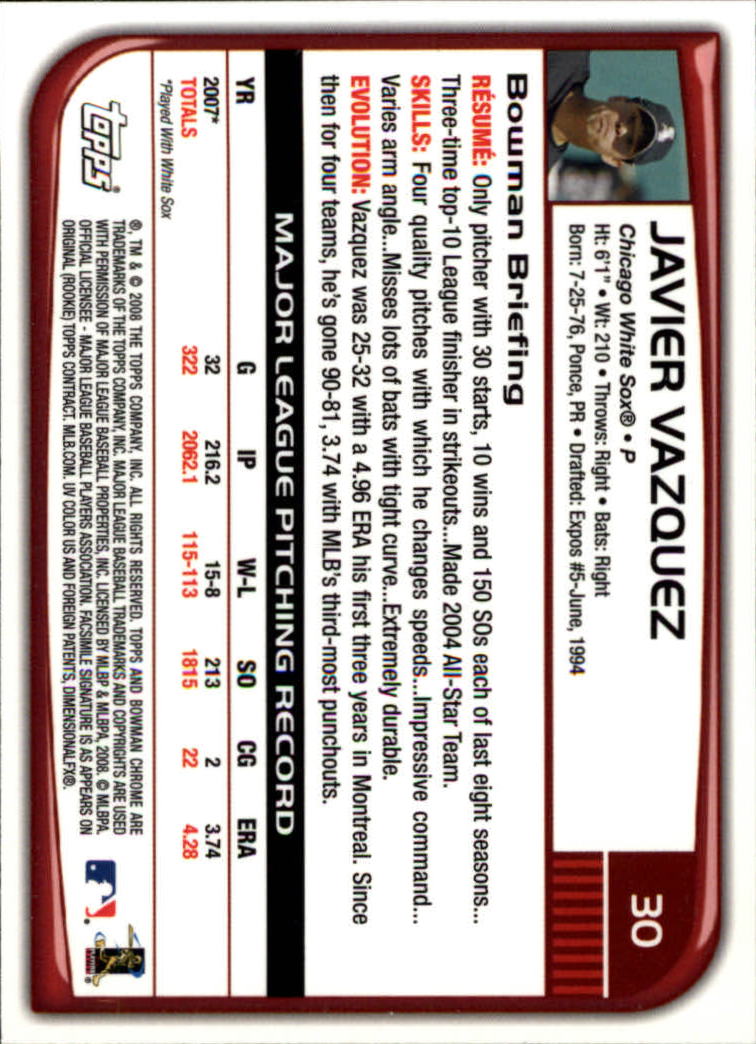 2008 Bowman Chrome #30 Javier Vazquez back image
