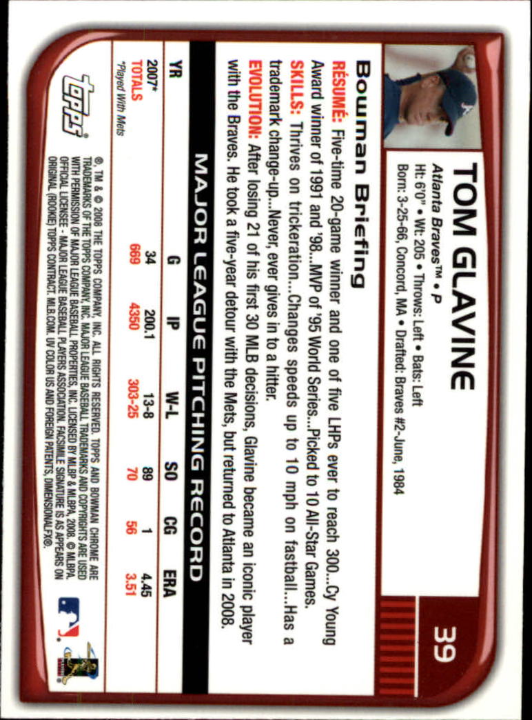2008 Bowman Chrome #39 Tom Glavine back image