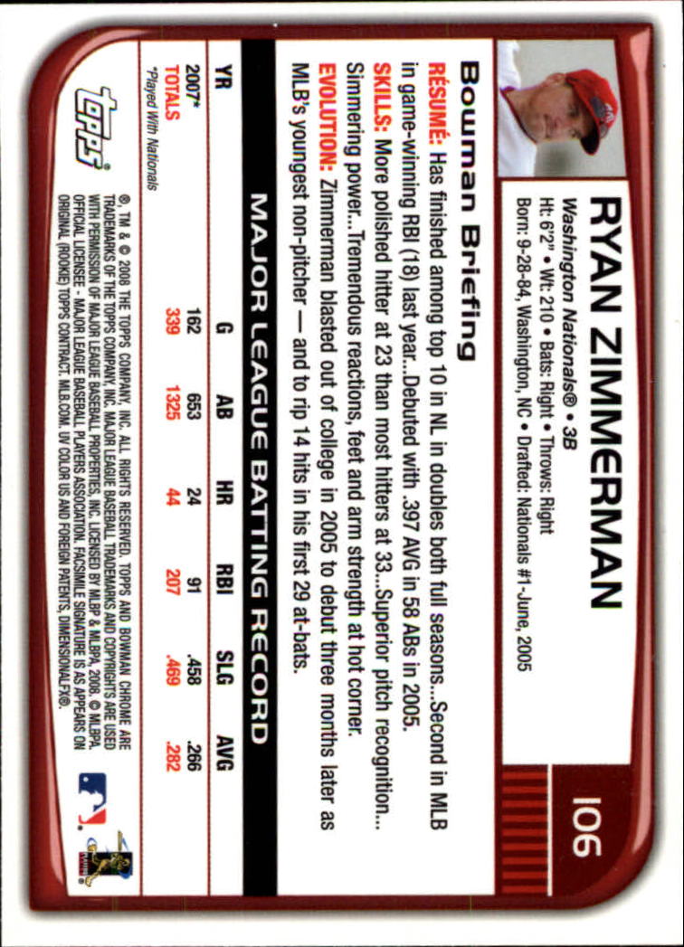 2008 Bowman Chrome #106 Ryan Zimmerman back image