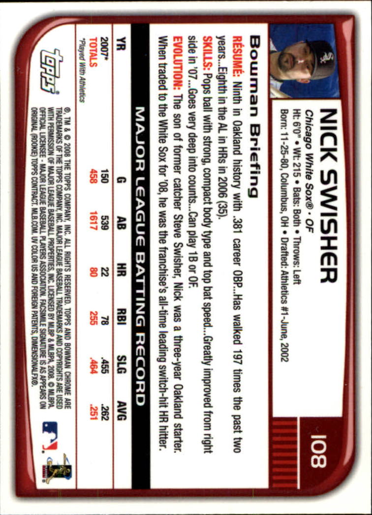 2008 Bowman Chrome #108 Nick Swisher back image