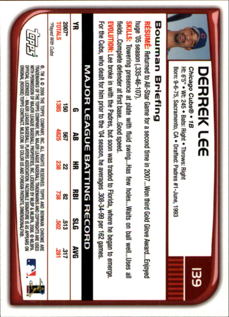 2008 Bowman Chrome #139 Derrek Lee back image