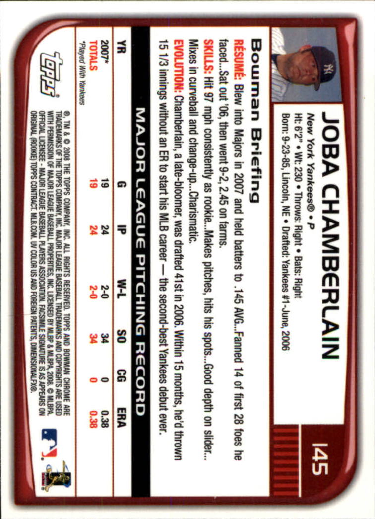 2008 Bowman Chrome #145 Joba Chamberlain back image