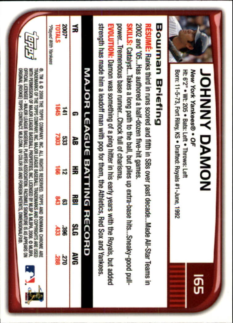 2008 Bowman Chrome #165 Johnny Damon back image