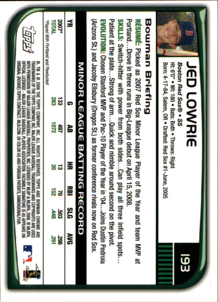 2008 Bowman Chrome #193 Jed Lowrie (RC) back image