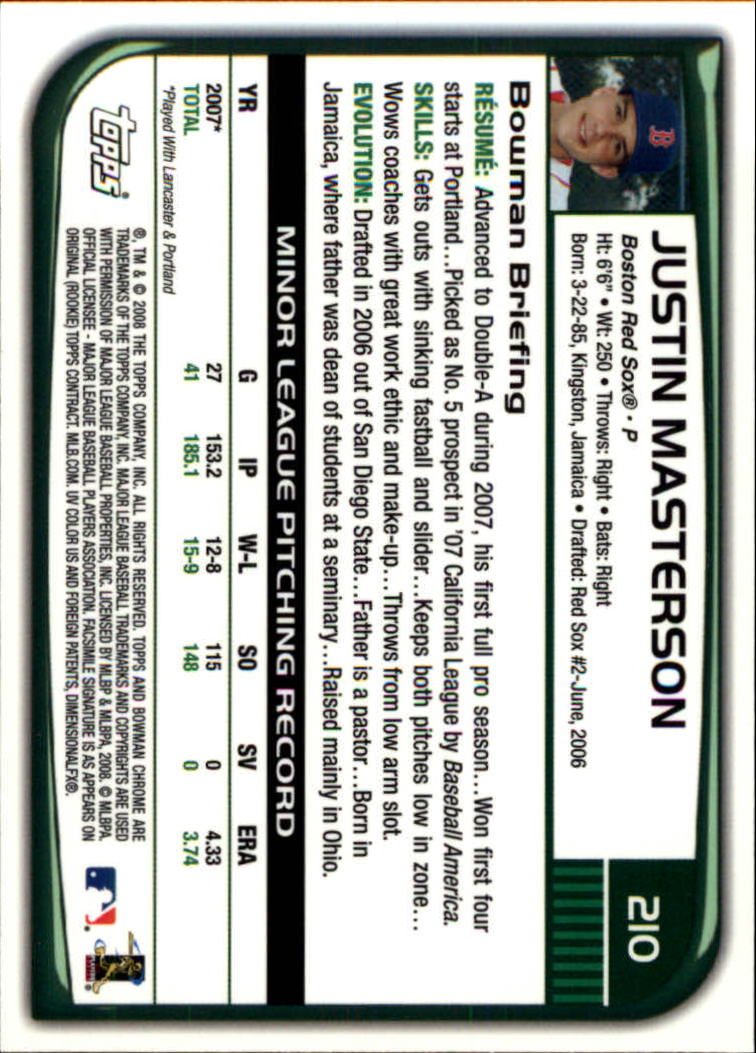 2008 Bowman Chrome #210 Justin Masterson RC back image