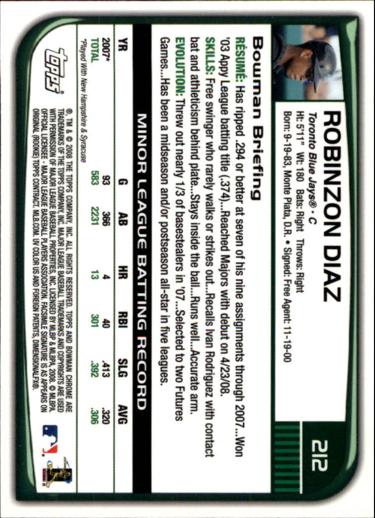 2008 Bowman Chrome #212 Robinzon Diaz (RC) back image