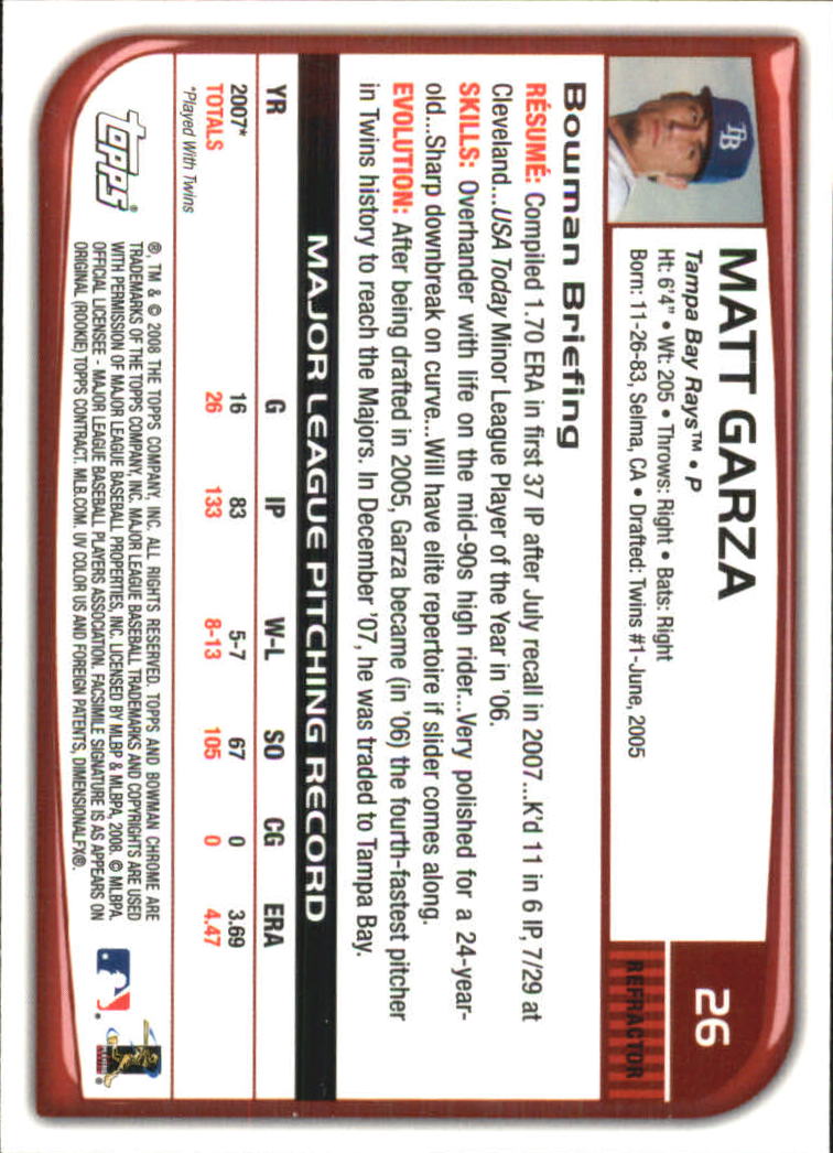 2008 Bowman Chrome Refractors #26 Matt Garza back image