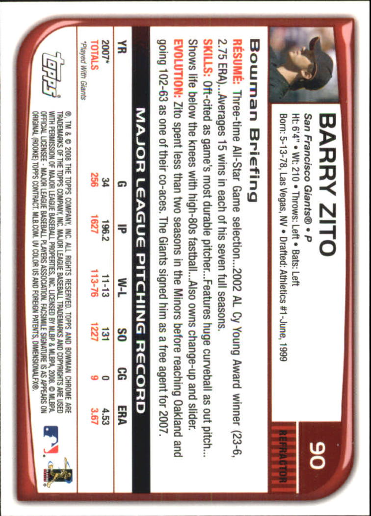 2008 Bowman Chrome Refractors #90 Barry Zito back image