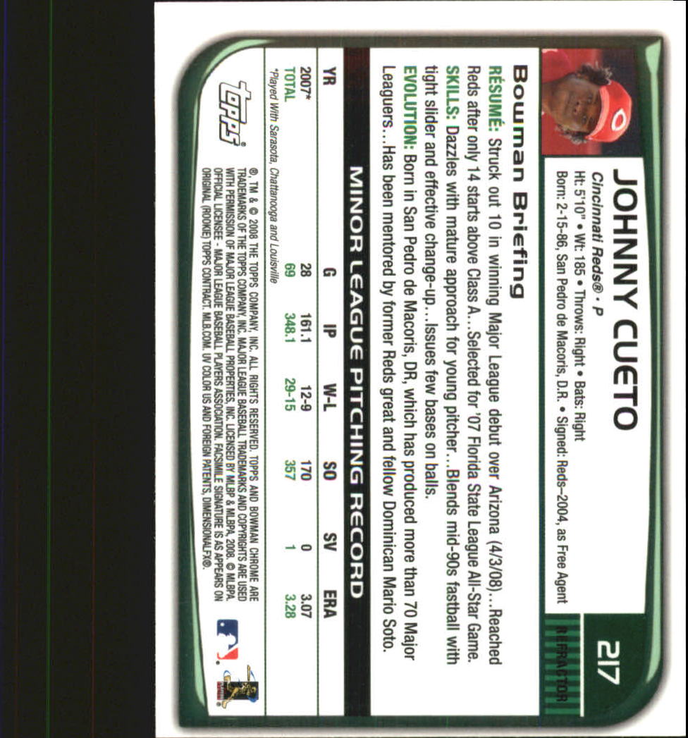 2008 Bowman Chrome Refractors #217 Johnny Cueto back image