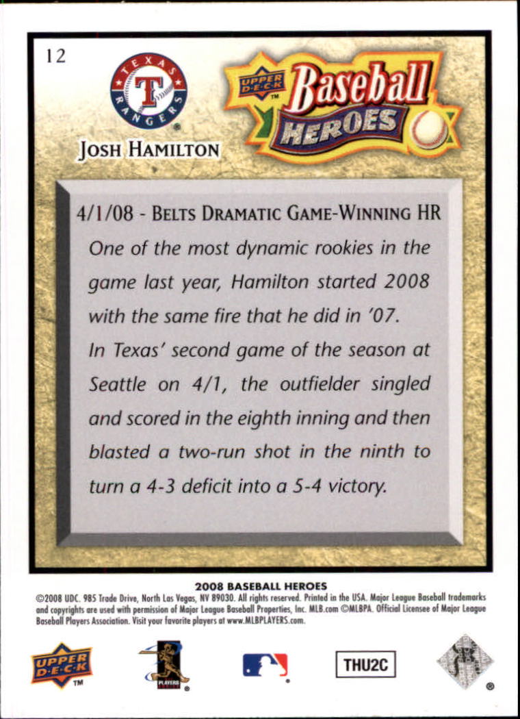 2008 Upper Deck Heroes #12 Josh Hamilton back image