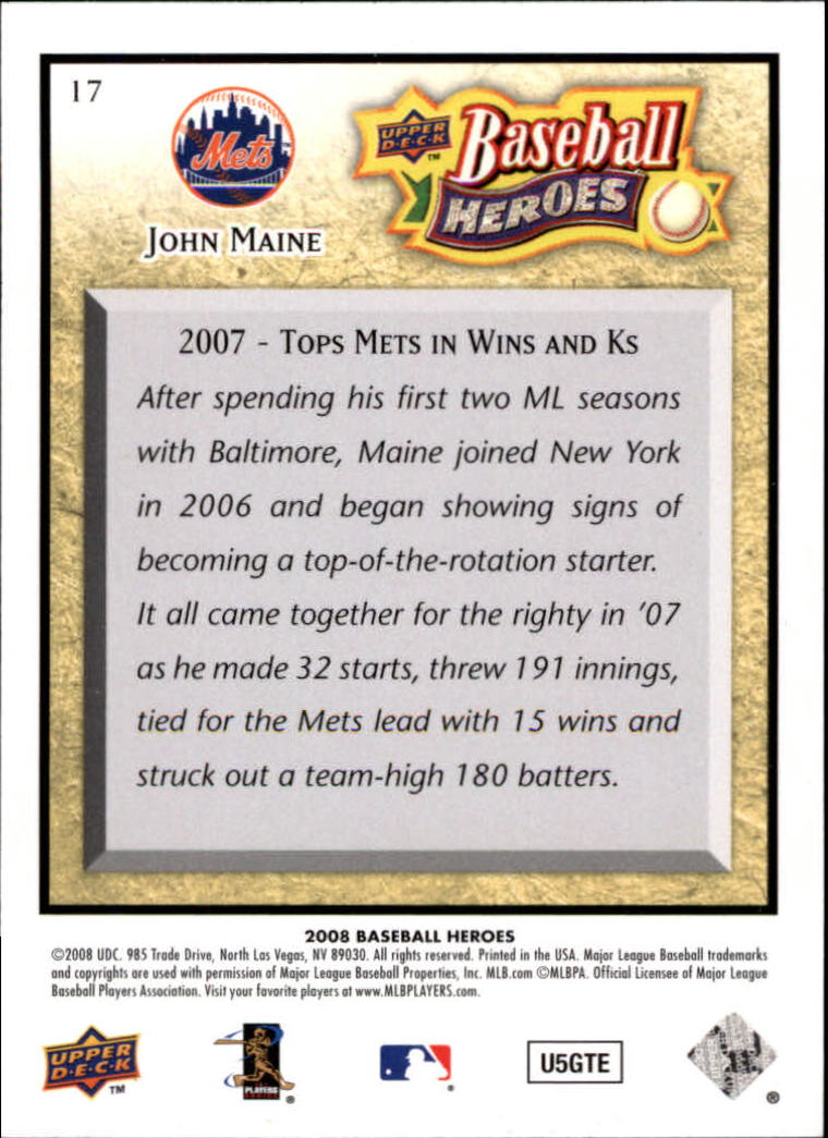 2008 Upper Deck Heroes #17 John Maine back image