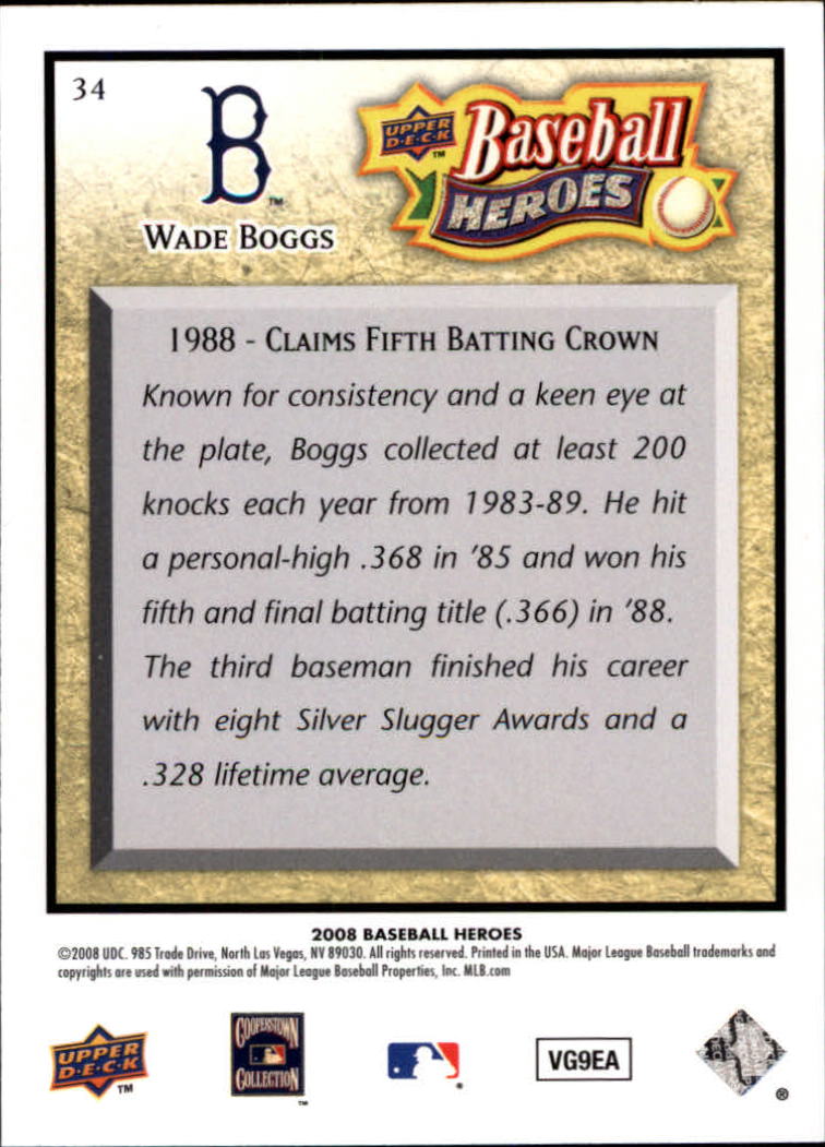 2008 Upper Deck Heroes #34 Wade Boggs back image