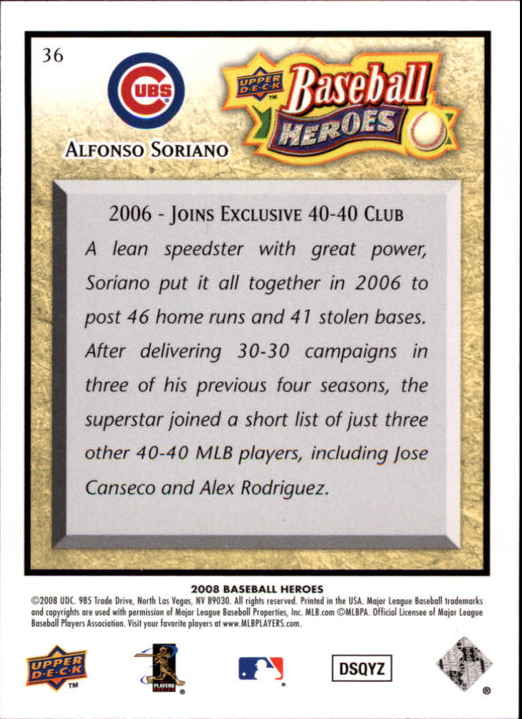 2008 Upper Deck Heroes #36 Alfonso Soriano back image