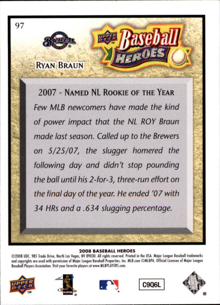 2008 Upper Deck Heroes #97 Ryan Braun back image