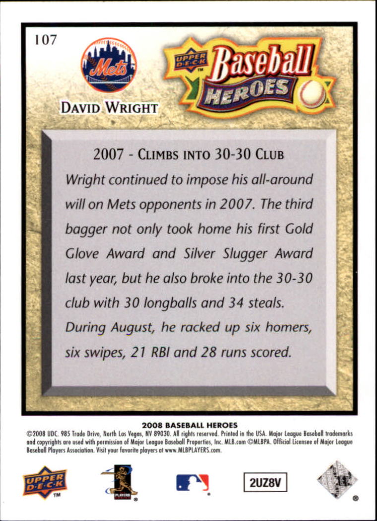 2008 Upper Deck Heroes #107 David Wright back image
