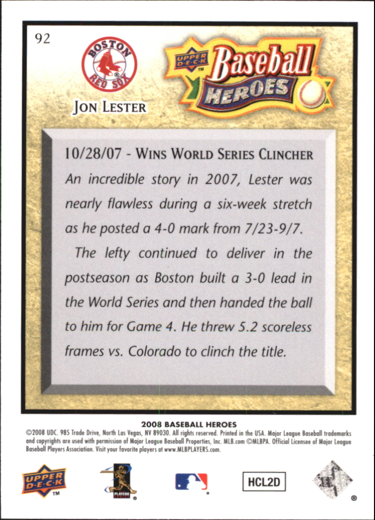 2008 Upper Deck Heroes Beige #92 Jon Lester back image
