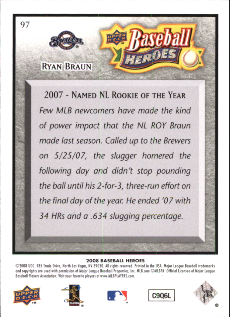 2008 Upper Deck Heroes Charcoal #97 Ryan Braun back image