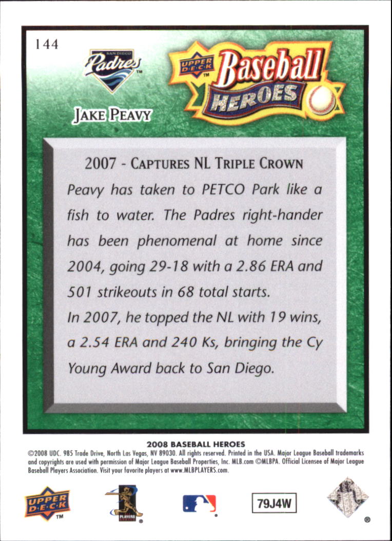 2008 Upper Deck Heroes Emerald #144 Jake Peavy back image