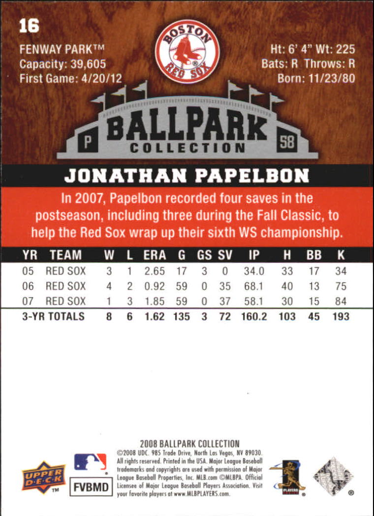 2008 Upper Deck Ballpark Collection #16 Jonathan Papelbon back image