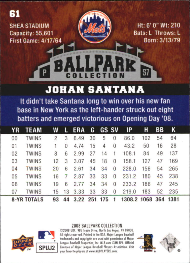 2008 Upper Deck Ballpark Collection #61 Johan Santana back image
