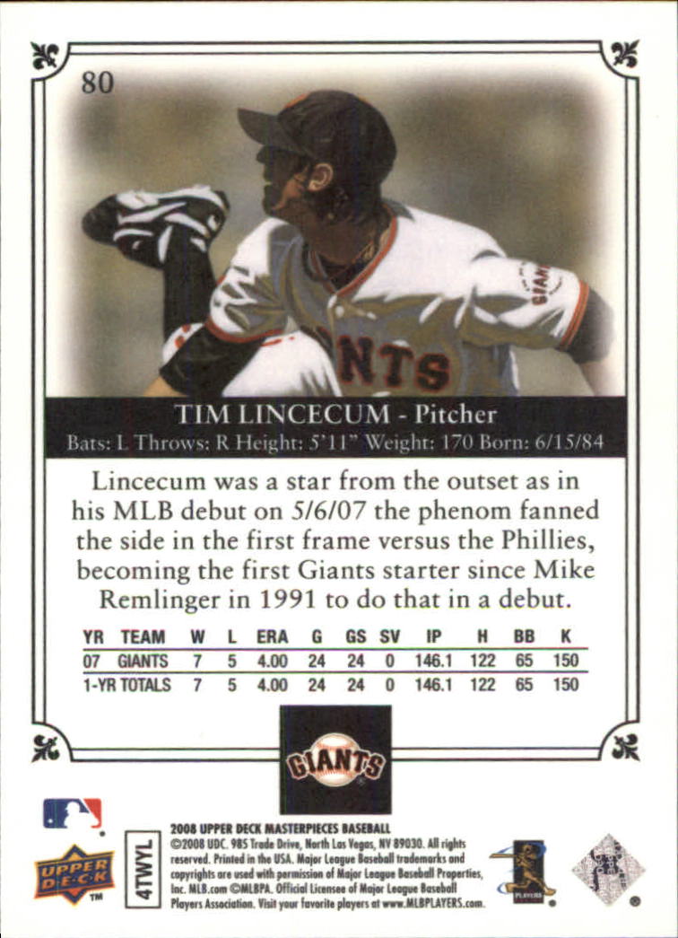 2008 UD Masterpieces #80 Tim Lincecum back image