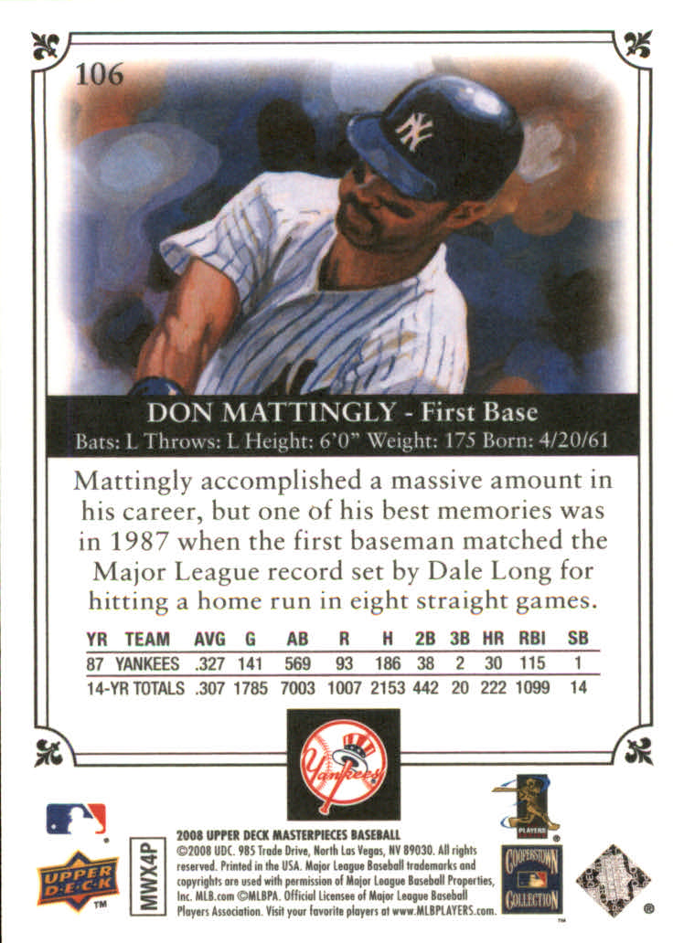 2008 UD Masterpieces #106 Don Mattingly SP back image