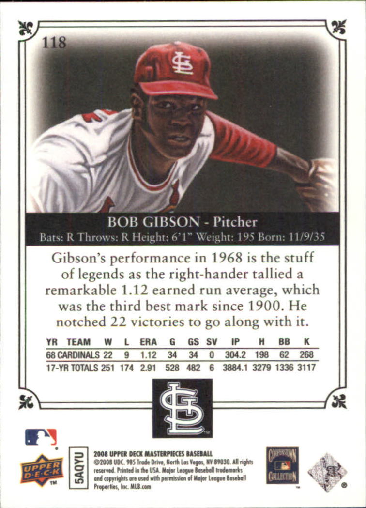 2008 UD Masterpieces #118 Bob Gibson SP back image