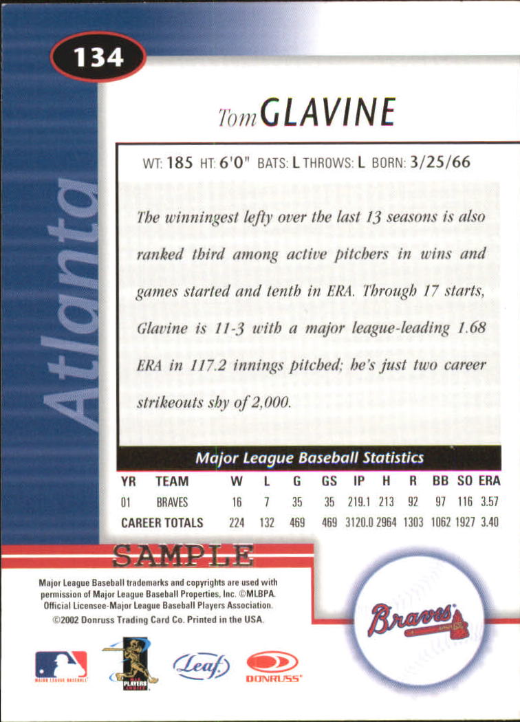 2002 Leaf Certified Samples #134 Tom Glavine back image