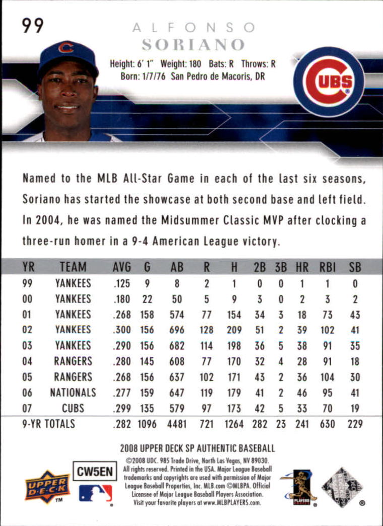 2008 SP Authentic #99 Alfonso Soriano back image