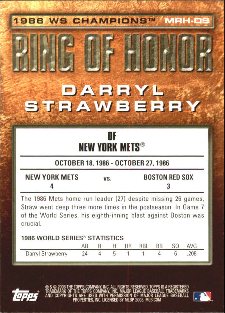 2008 Topps Update Ring of Honor 1986 New York Mets #DS Darryl Strawberry back image